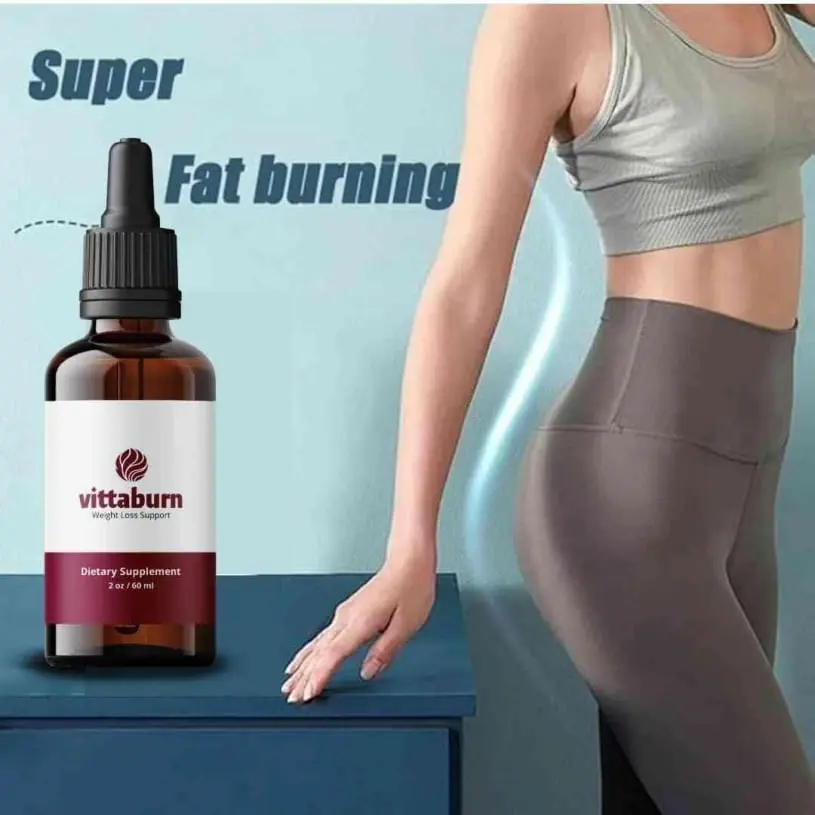 VittaBurn weight loss drops shown beside a woman demonstrating active lifestyle support